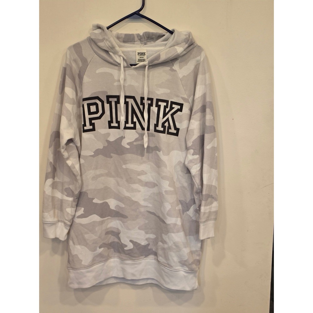 Pink Victoria Secret Grey And White Hooded Camouflage Sweatshirt Longline  Y2K